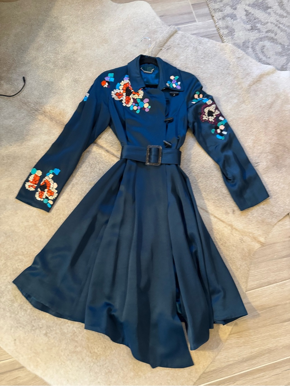 Matthew Williamson Teal Long-Sleeve Coat Dress/Jacket with Floral Appliqués